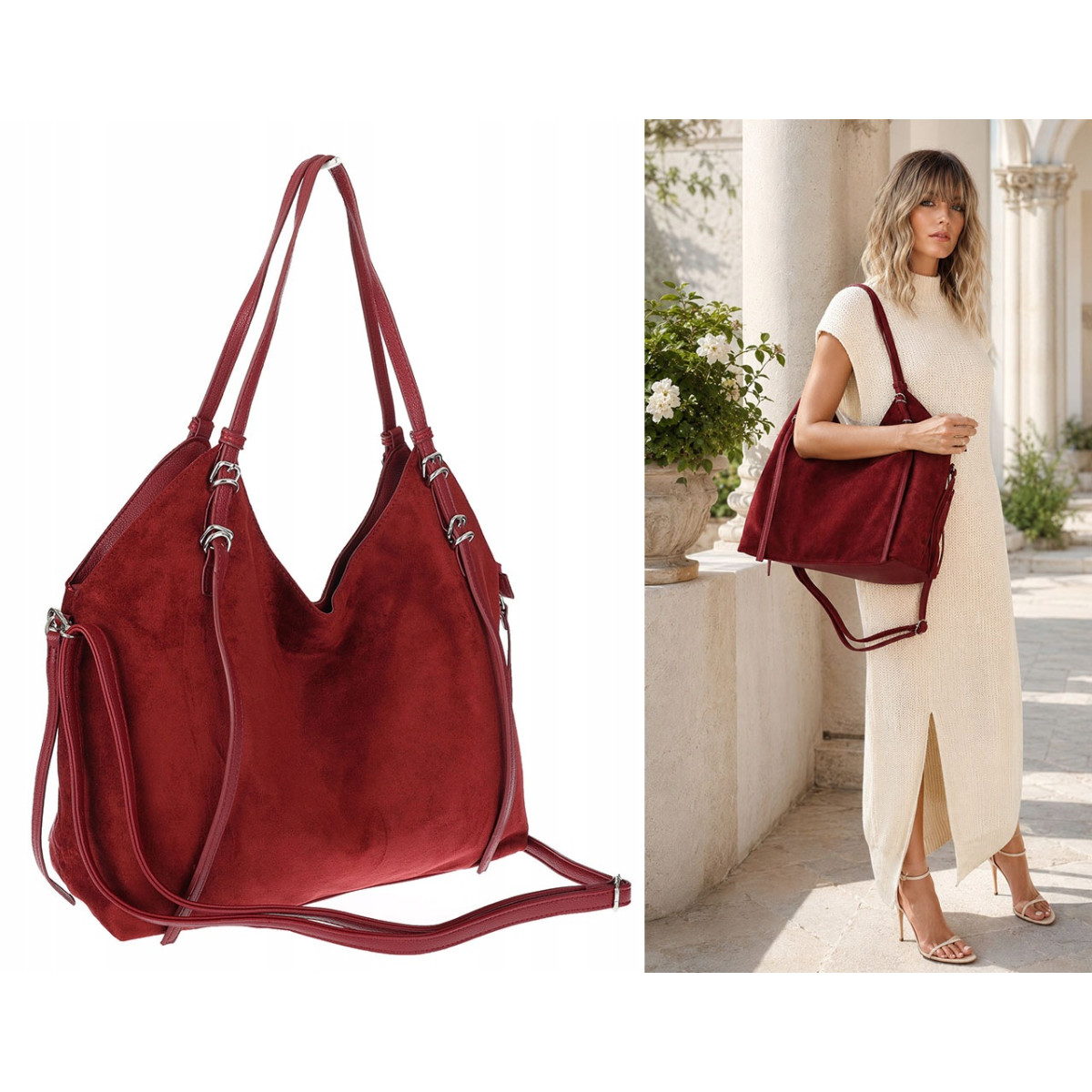 Torebka damska zamszowa shopper pojemna elegancka modna torba 638C Czerwona