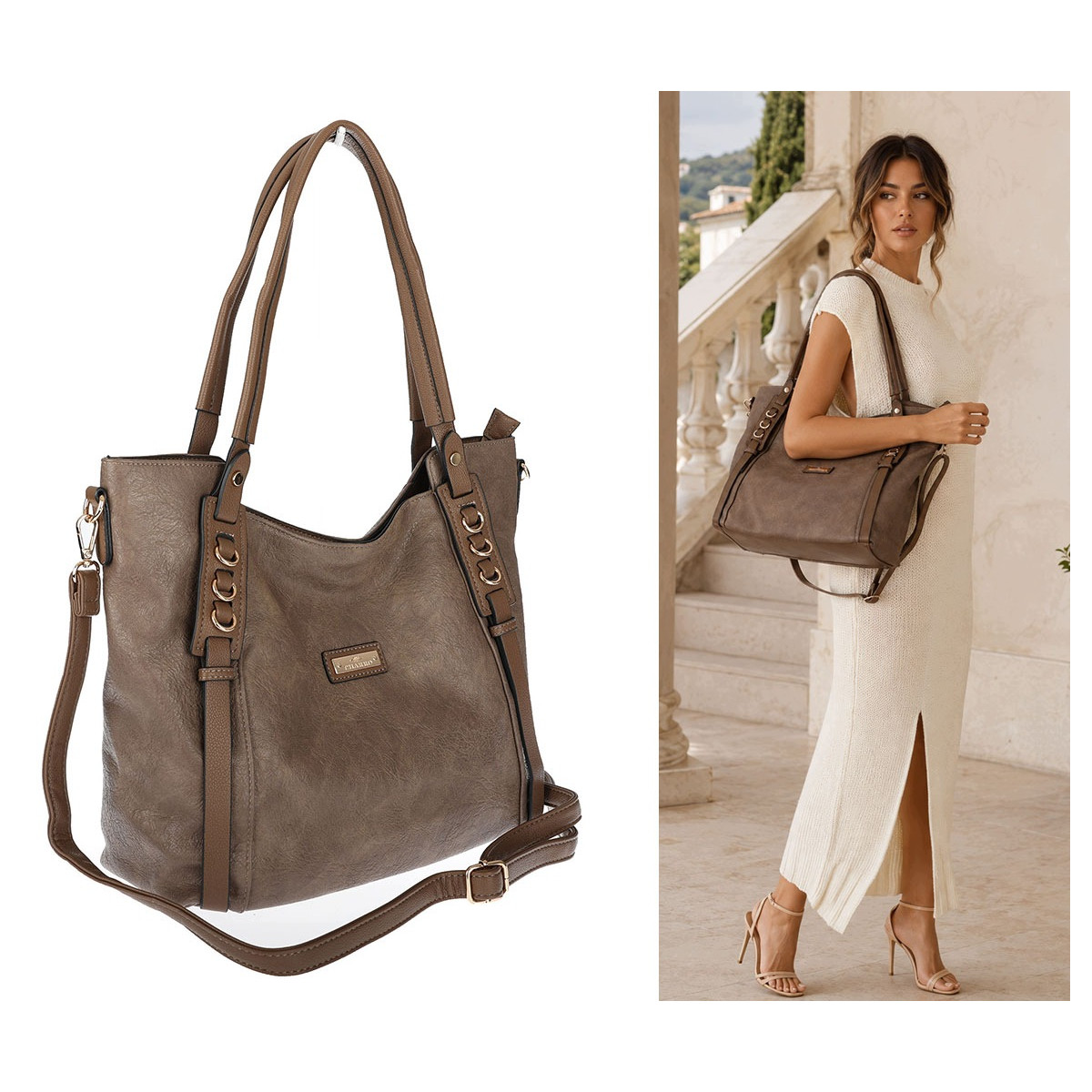 Torebka damska shopper pojemna elegancka torba worek na ramię CH914 Beżowa
