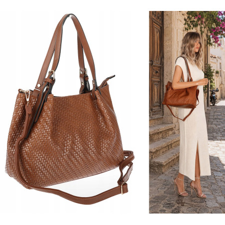 Torebka damska kuferek shopper pojemna elegancka na ramię HJ397 Brązowa