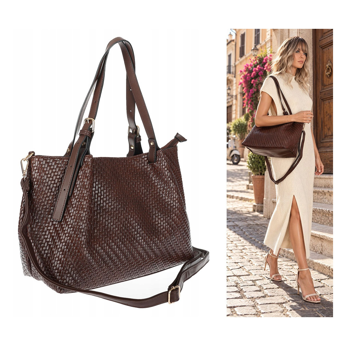 Torebka damska kuferek shopper pojemna elegancka na ramię HJ397 Czekolada