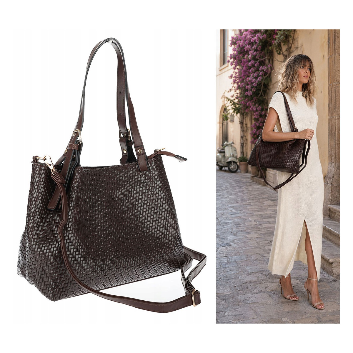 Torebka damska kuferek shopper pojemna elegancka na ramię HJ397 C Czekolada