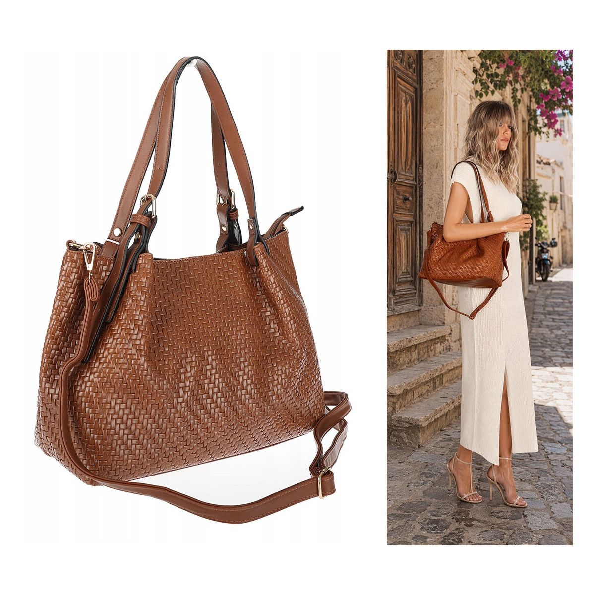Torebka damska kuferek shopper pojemna elegancka na ramię HJ397 Brązowa