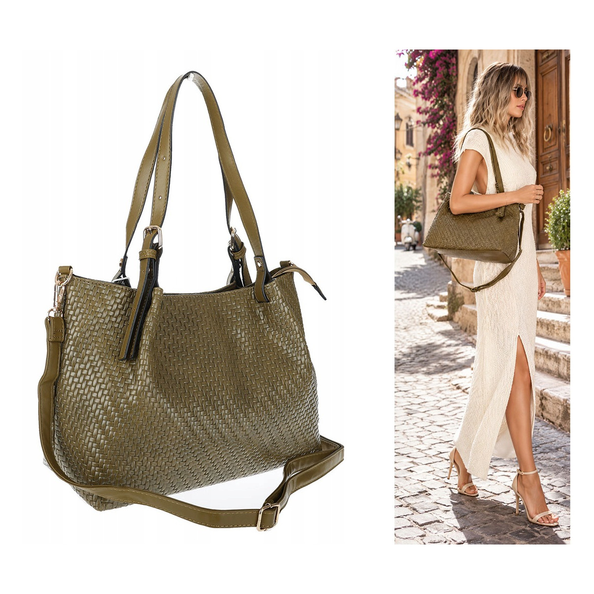 Torebka damska kuferek shopper pojemna elegancka na ramię HJ397 Zielona
