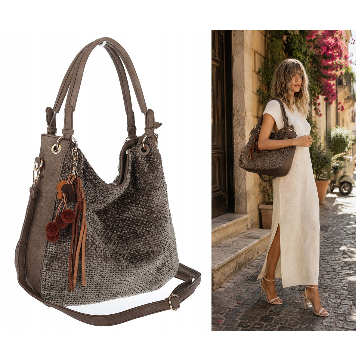 Torebka damska worek shopper listonoszka zamszowa na ramię LH622 Beżowa