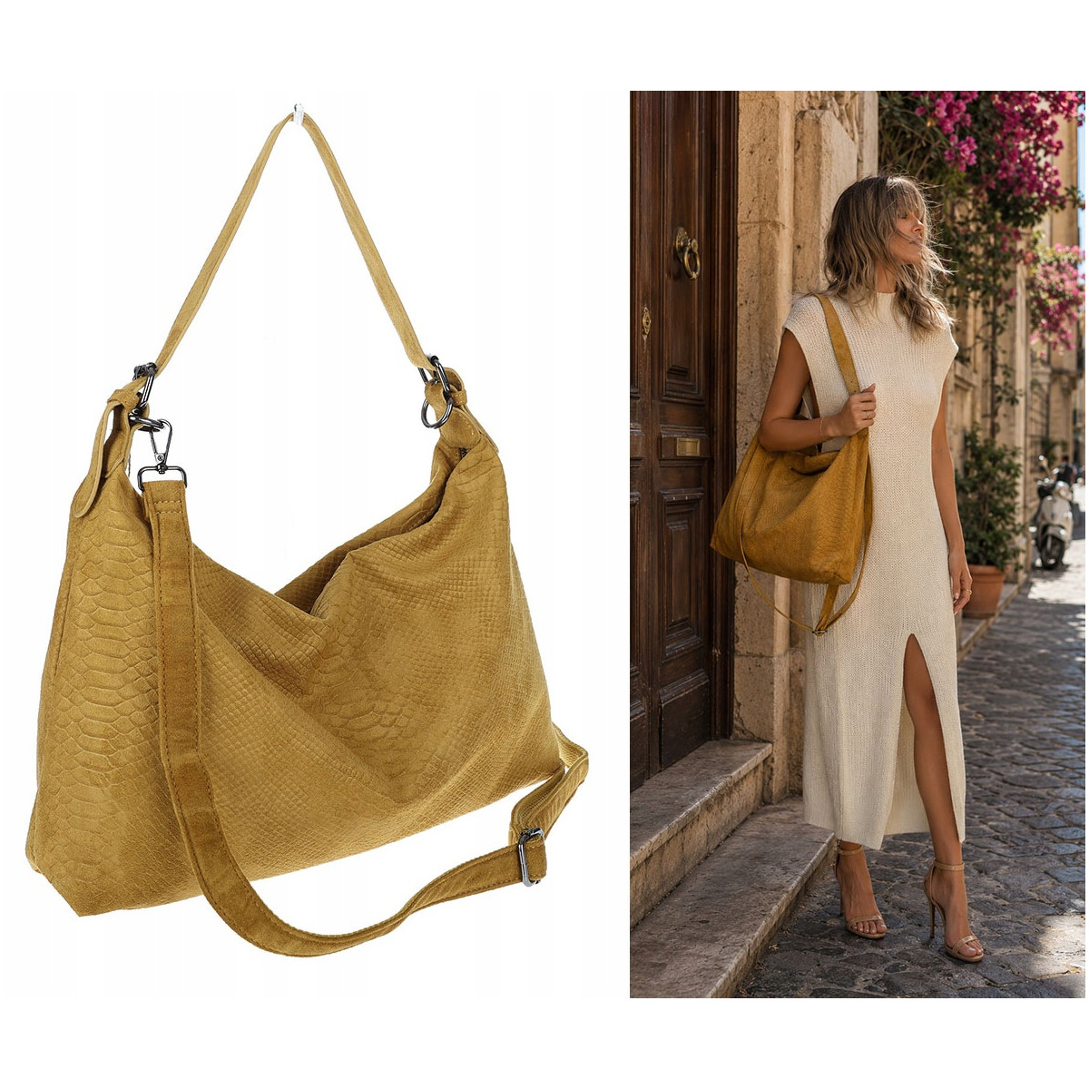 Torebka damska shopper listonoszka zamszowa na ramię PB4740 Musztardowa