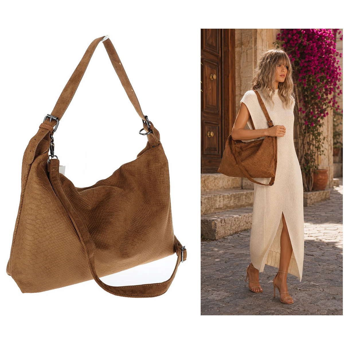Torebka damska worek shopper listonoszka zamszowa na ramię PB4740 Brązowa