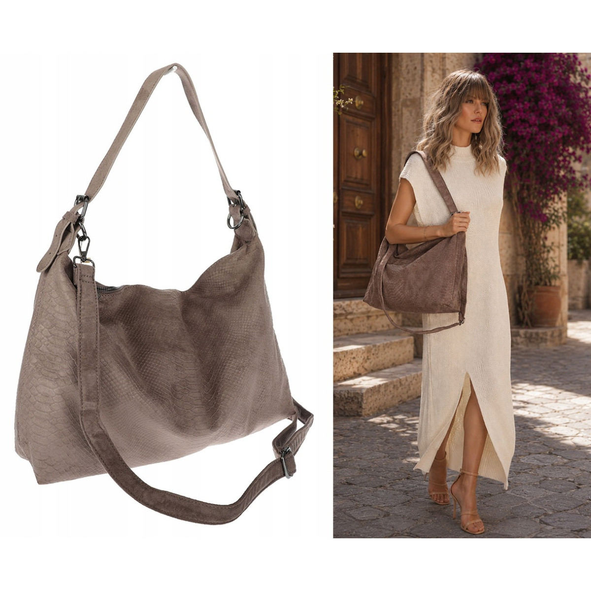 Torebka damska worek shopper listonoszka zamszowa torba PB4740 Mud Beżowa