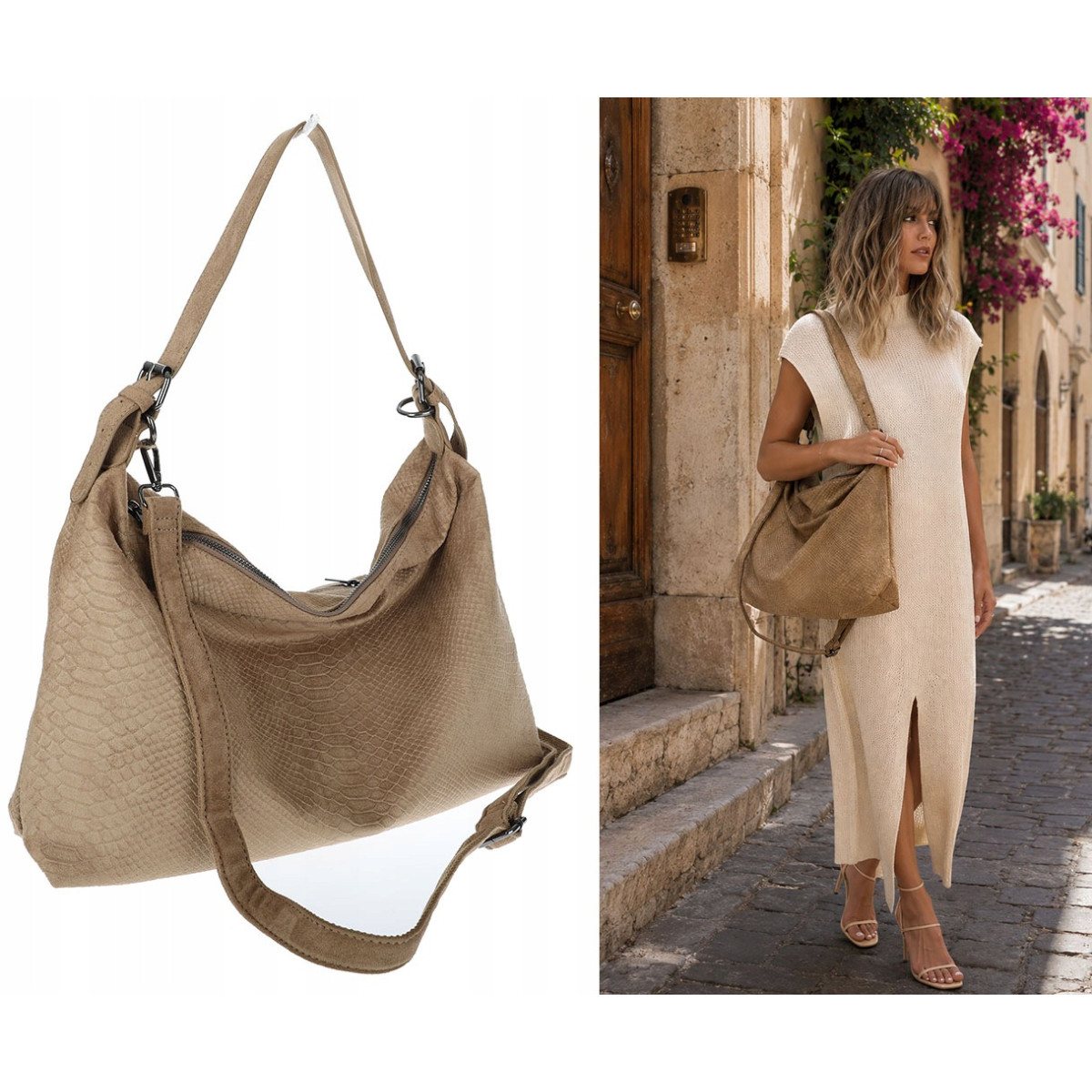 Torebka damska worek shopper listonoszka zamszowa na ramię PB4740 Beżowa