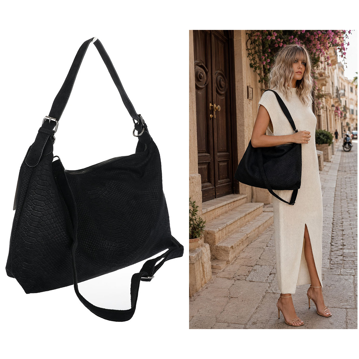 Torebka damska worek shopper listonoszka zamszowa na ramię PB4740 Czarna