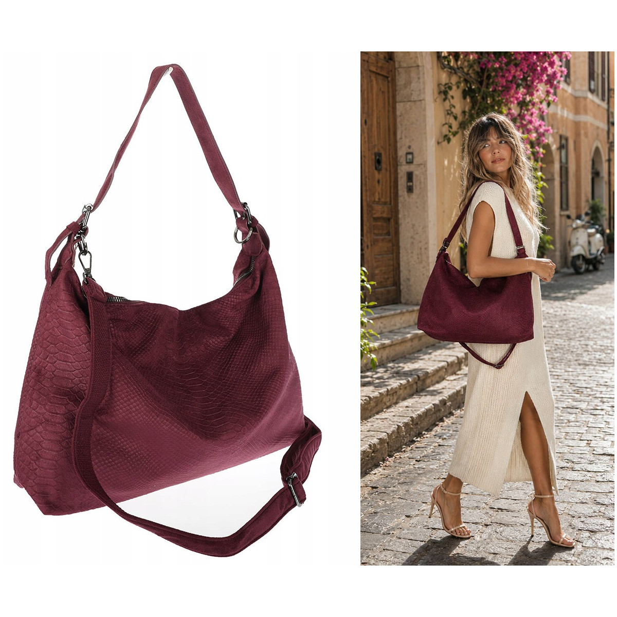 Torebka damska worek shopper listonoszka zamszowa na ramię PB4740 Czerwona