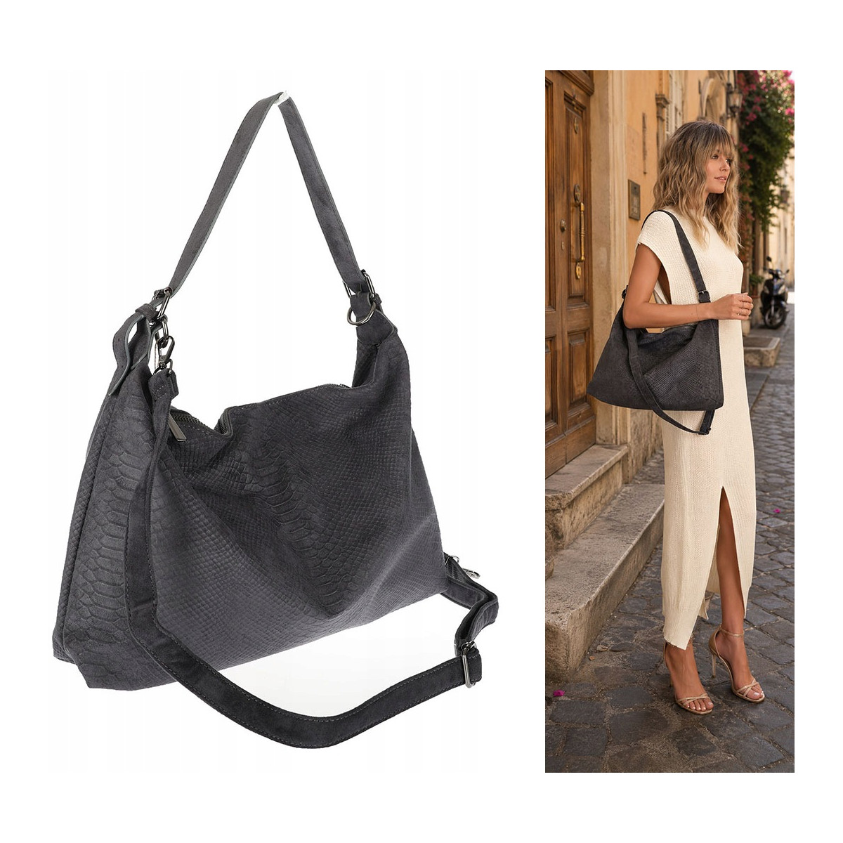 Torebka damska worek shopper listonoszka zamszowa na ramię PB4740 Szara