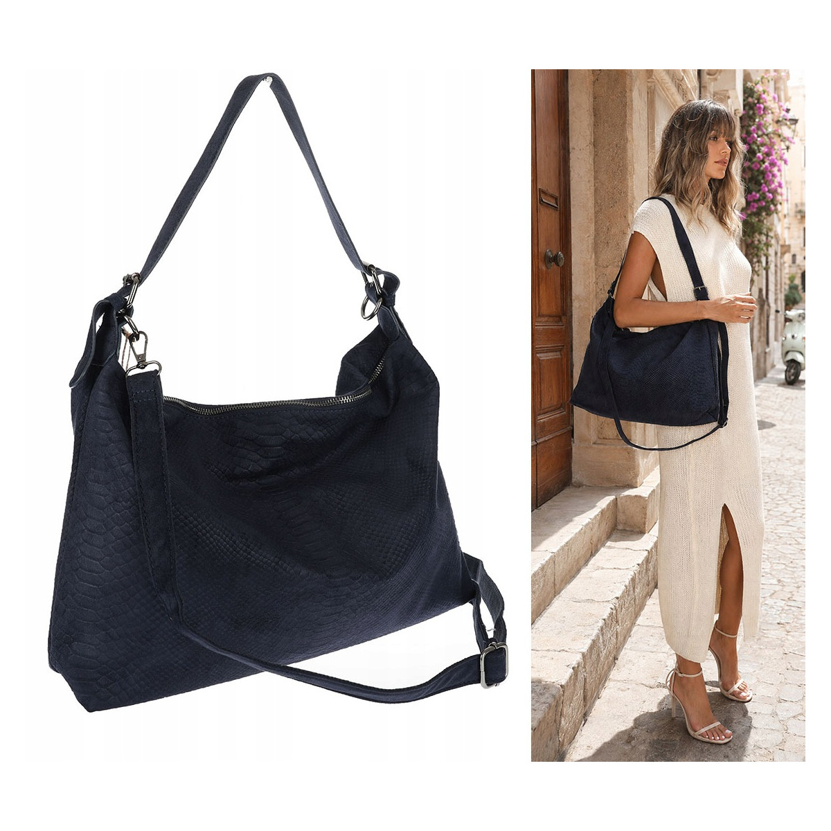 Torebka damska worek shopper listonoszka zamszowa na ramię PB4740 Granatowa