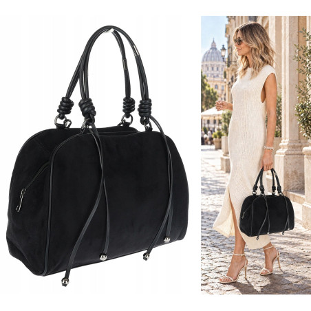 Torebka damska shopper pojemna modna zamszowa torba kuferek D715 Czarna