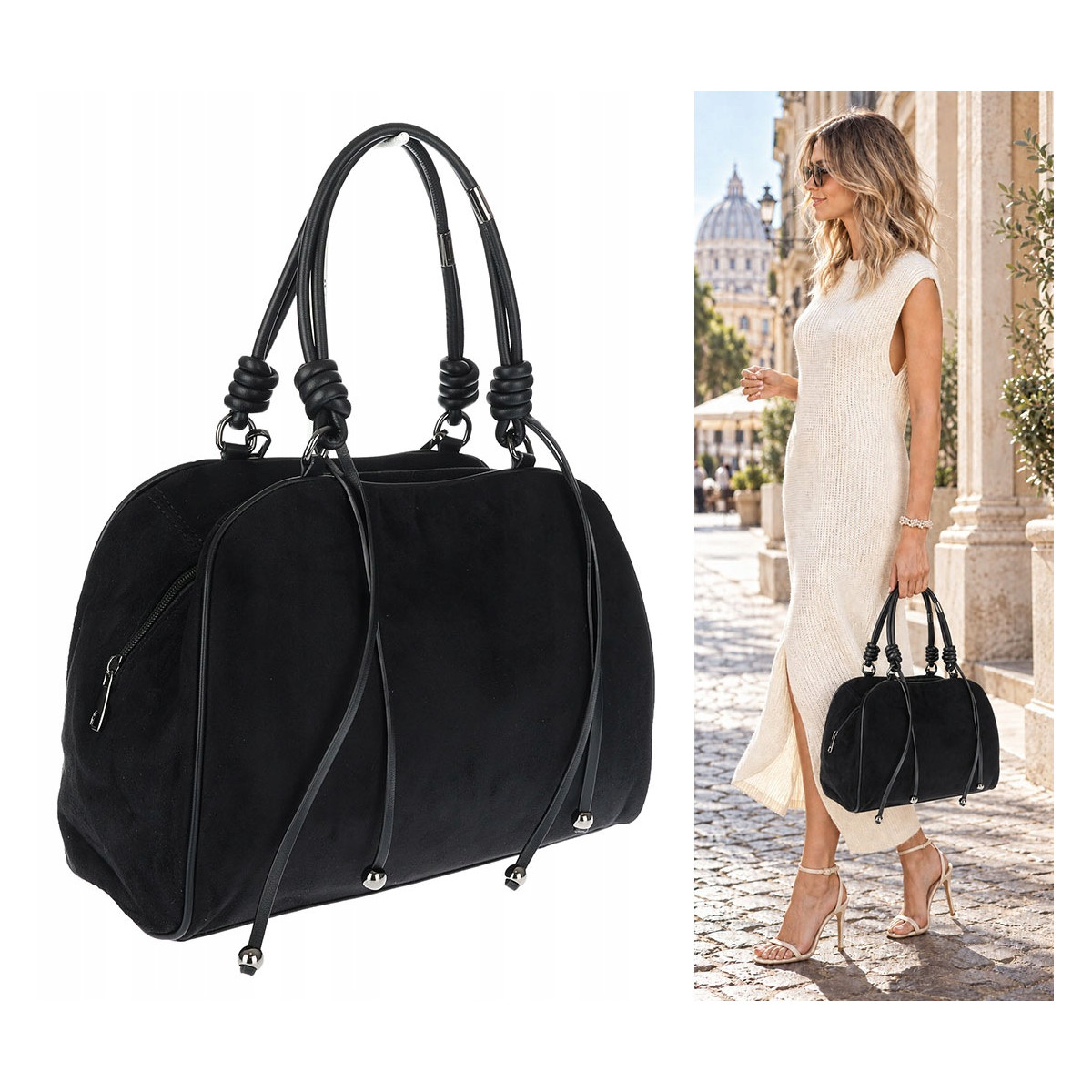 Torebka damska shopper pojemna modna zamszowa torba kuferek D715 Czarna