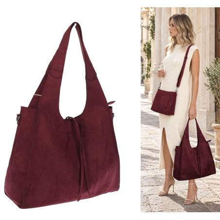 Torebka damska shopper zamszowa modna do pracy torba worek L140 Bordowa