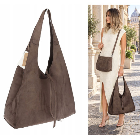 Torebka damska shopper zamszowa modna do pracy torba worek L140 Mud Brązowa