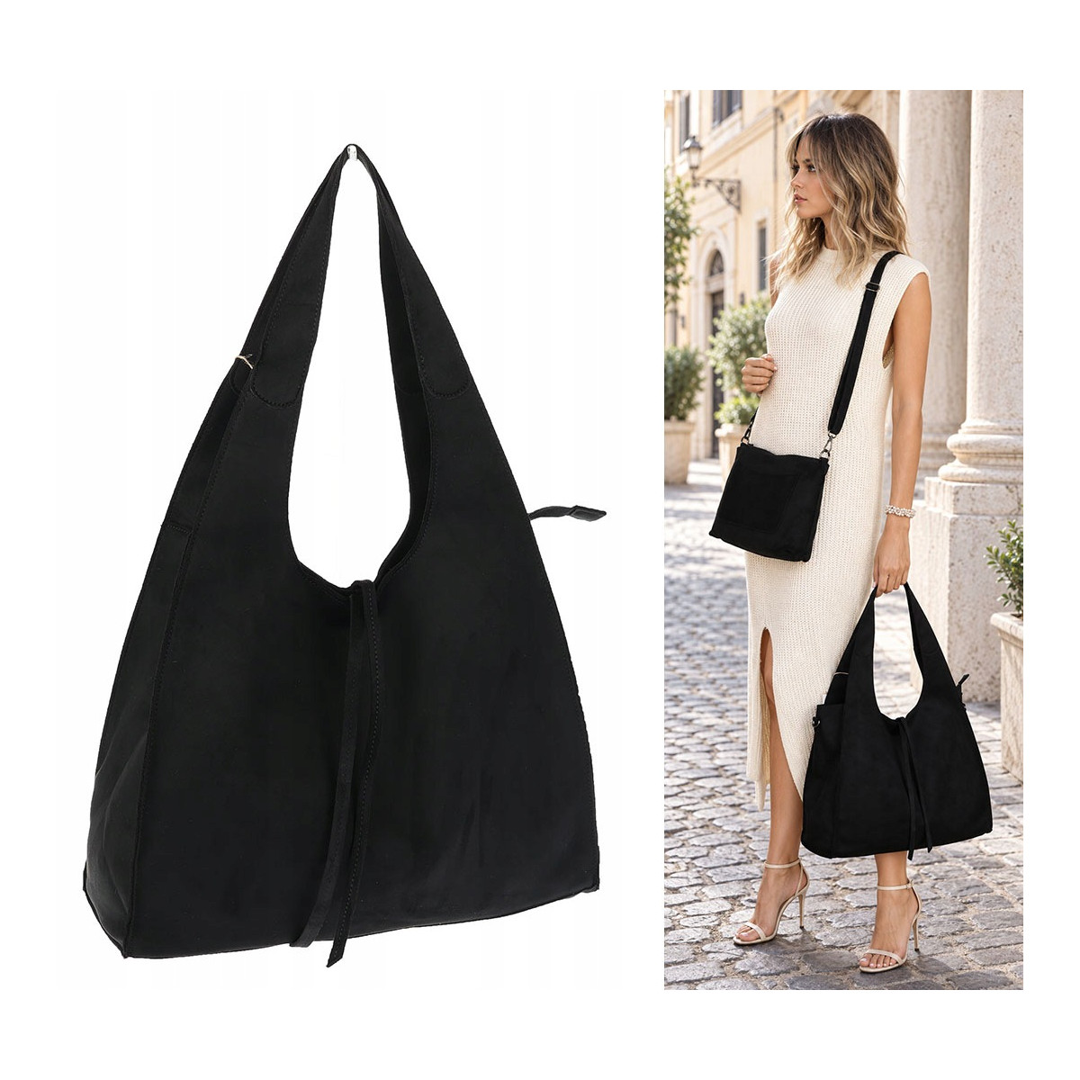 Torebka damska shopper zamszowa modna do pracy torba worek L140 Czarna