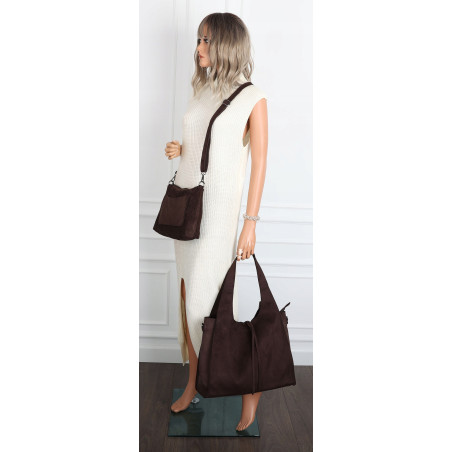 Torebka damska shopper zamszowa modna do pracy torba worek L140 Czekoladowa