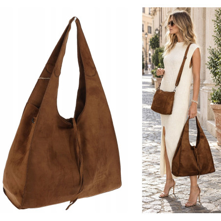 Torebka damska shopper zamszowa modna do pracy torba worek L140 Brązowa