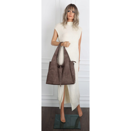 Torebka damska shopper zamszowa modna do pracy torba worek L140 Mud Brązowa