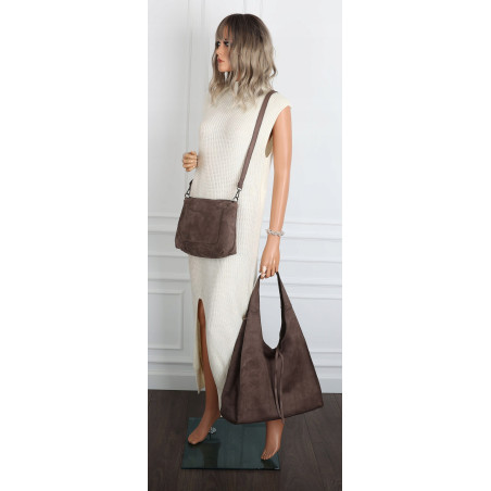 Torebka damska shopper zamszowa modna do pracy torba worek L140 Mud Brązowa