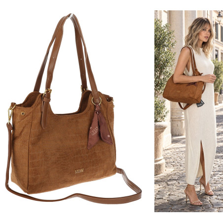 Torebka damska shopper pojemna zamszowa modna torba na ramię CC062 Brązowa