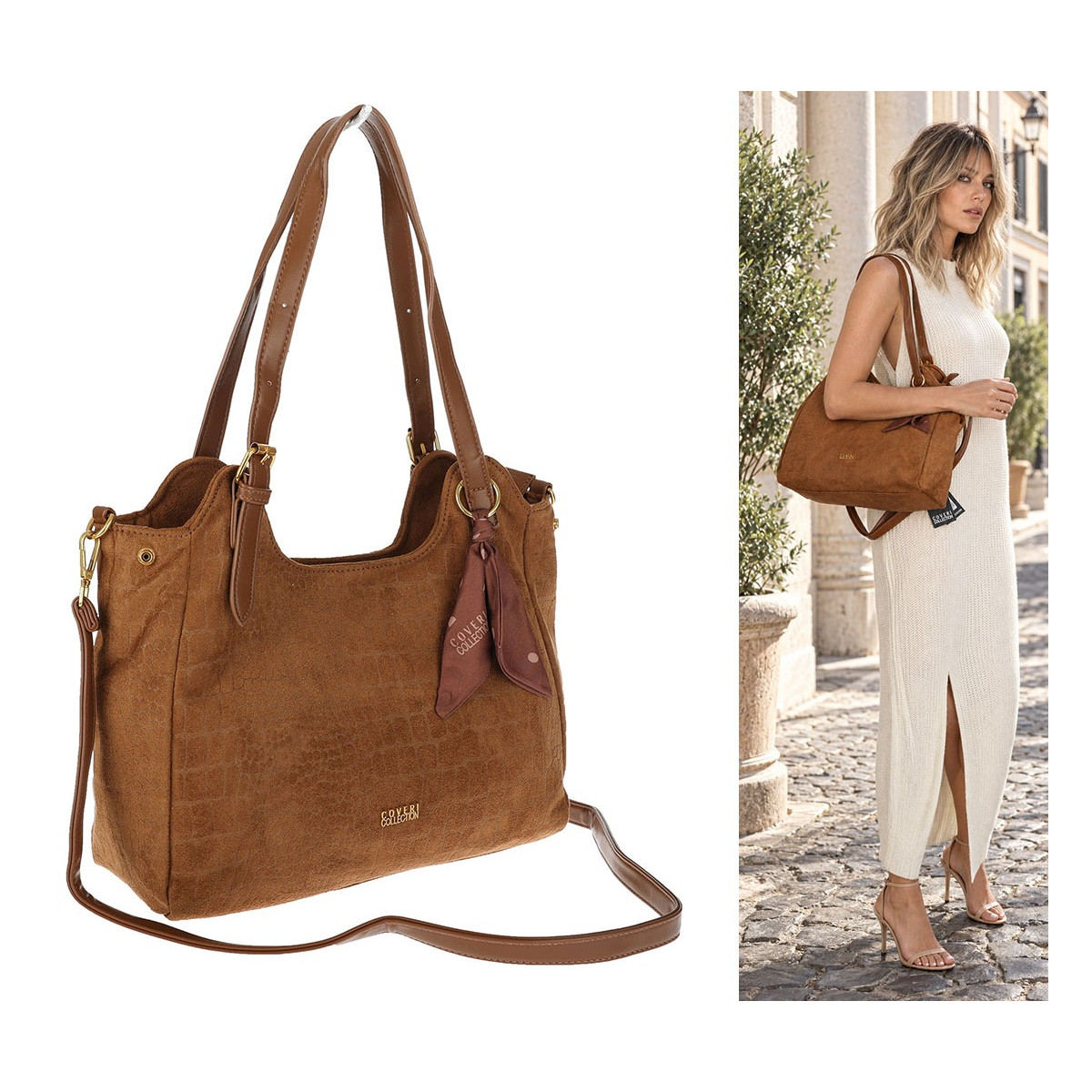 Torebka damska shopper pojemna zamszowa modna torba na ramię CC062 Brązowa
