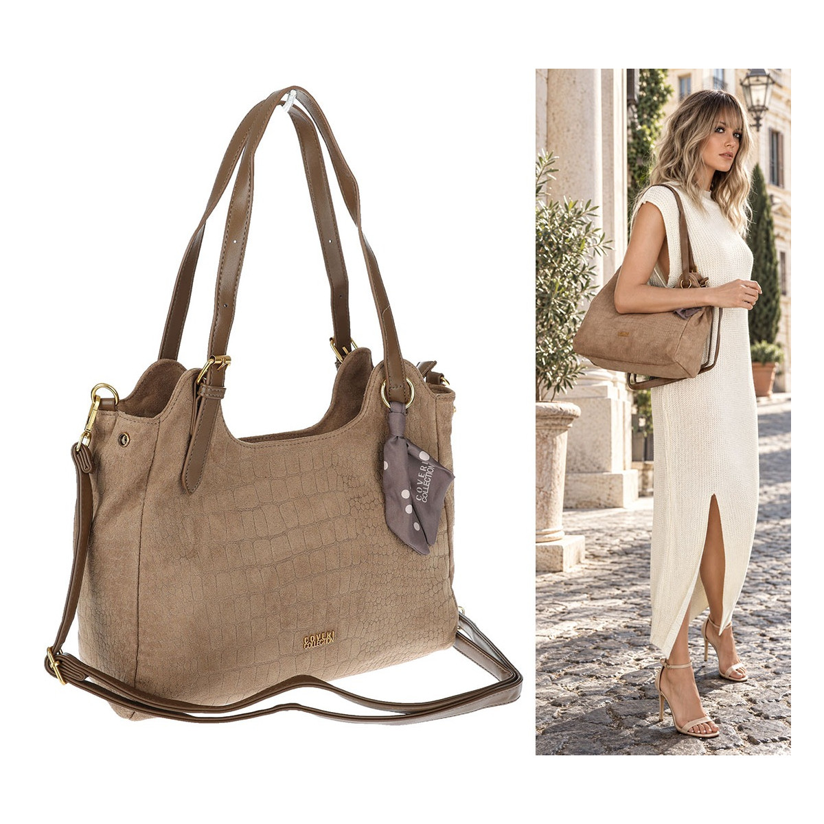 Torebka damska shopper pojemna zamszowa modna torba na ramię CC062 Beżowa