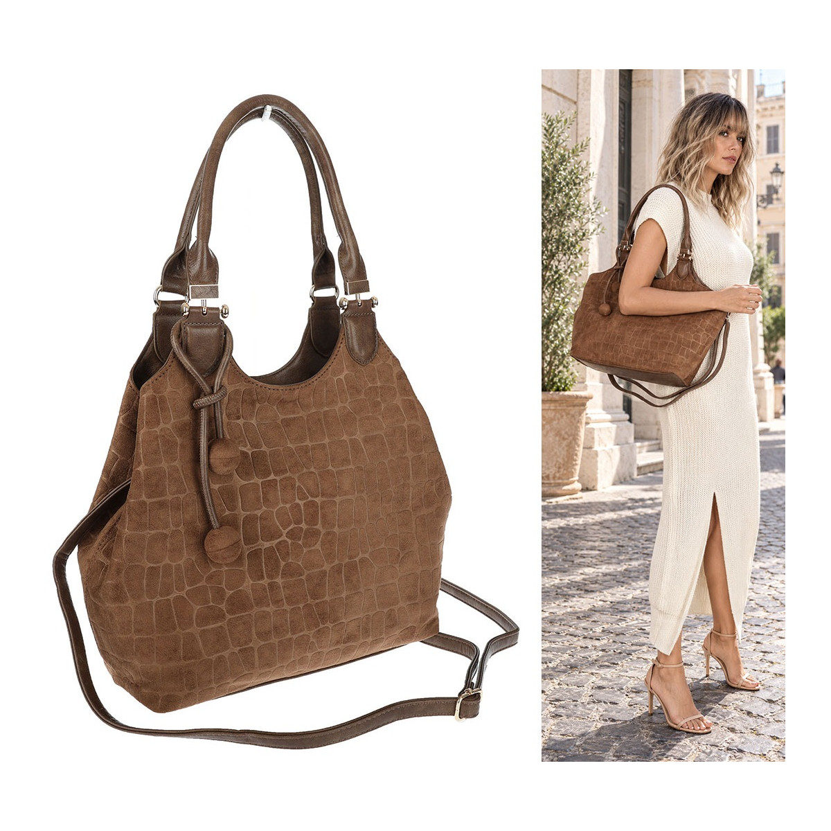 Torebka damska shopper pojemna zamszowa modna na ramię worek CC09 Brązowa