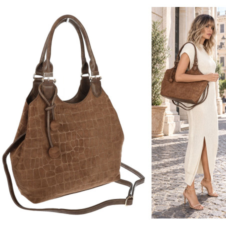 Torebka damska shopper pojemna zamszowa modna na ramię worek CC09 Brązowa