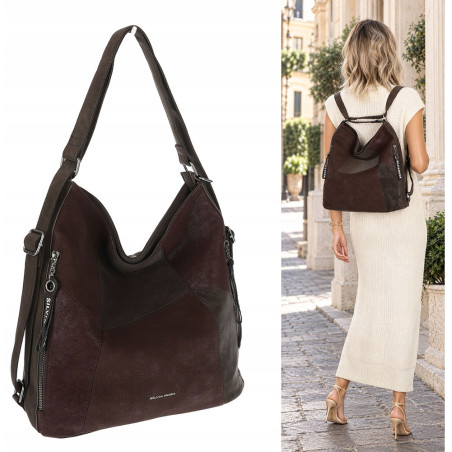 Torebka Damska Shopper Listonoszka torba plecak 2w1 worek SR030 Czekoladowa