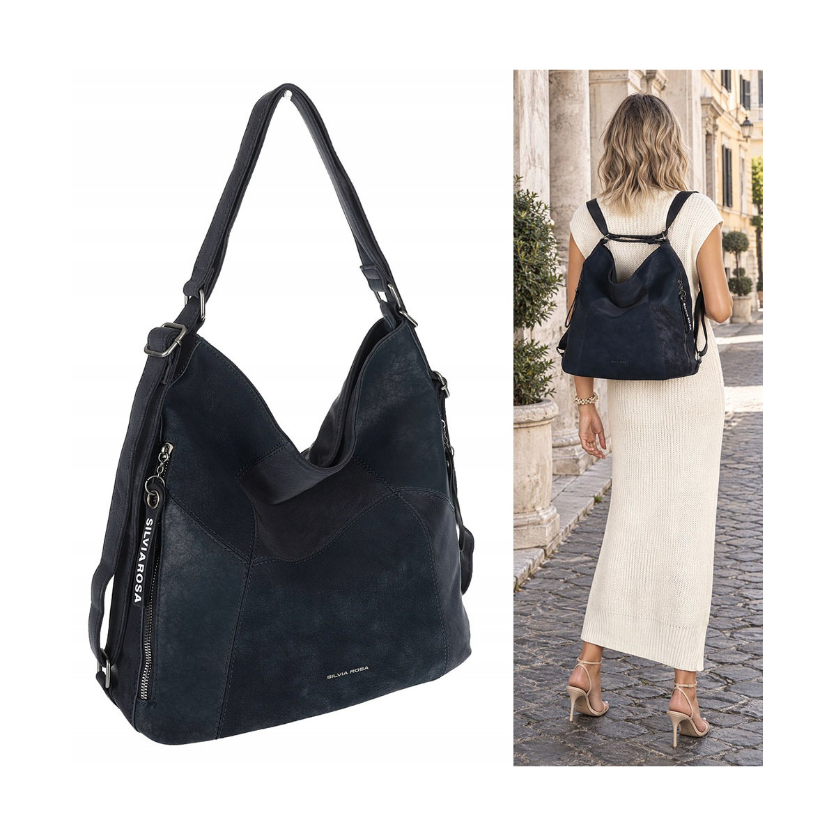 Torebka Damska Shopper Listonoszka torba plecak 2w1 worek SR030 Granatowa