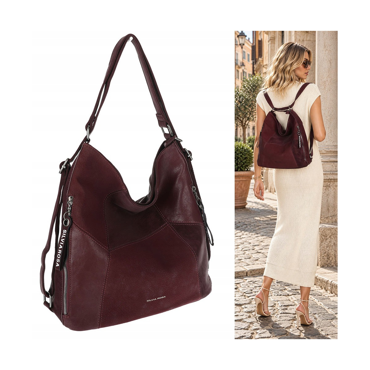 Torebka Damska Shopper Listonoszka torba plecak 2w1 worek SR030 Bordowa