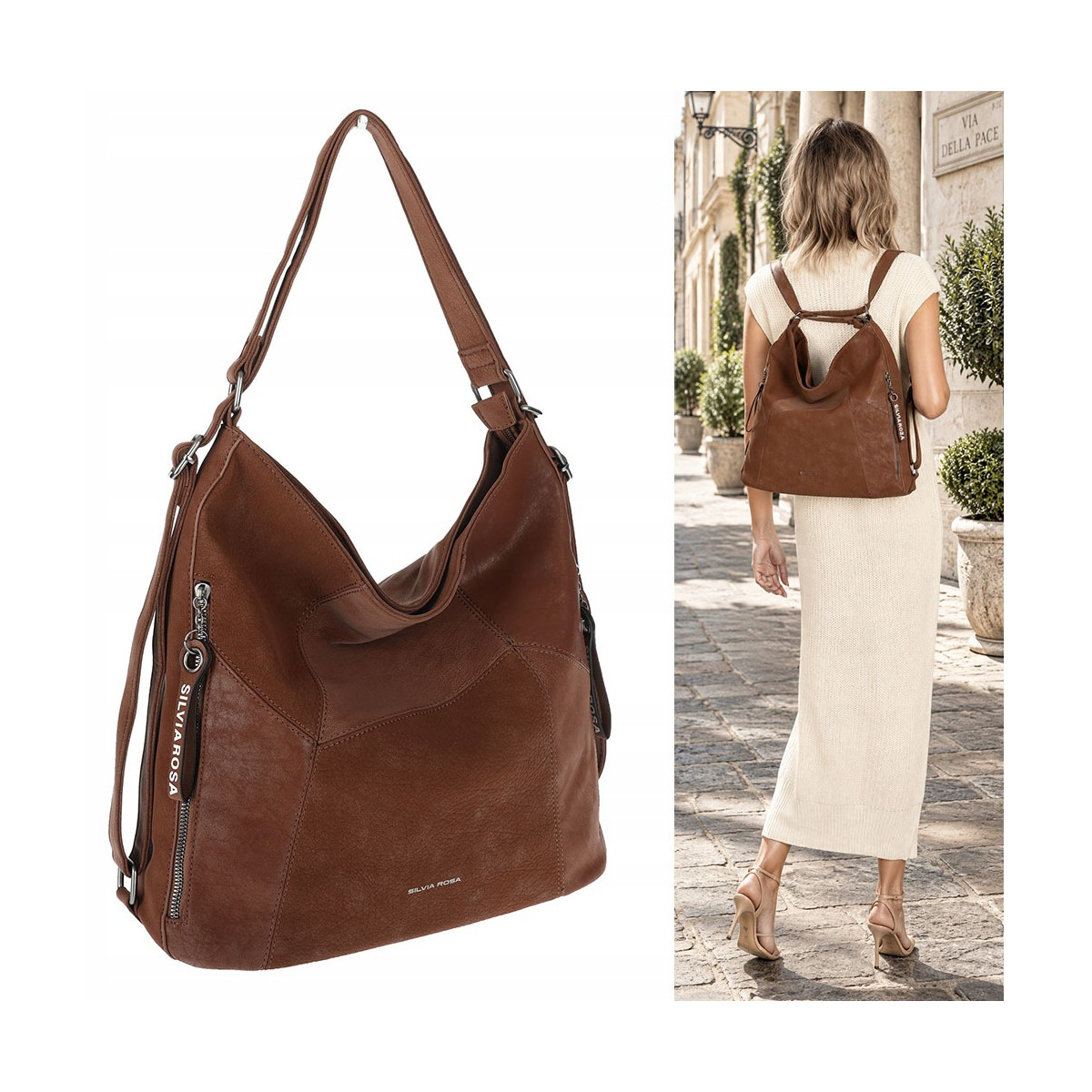 Torebka Damska Shopper Listonoszka torba plecak 2w1 worek SR030 Brązowa