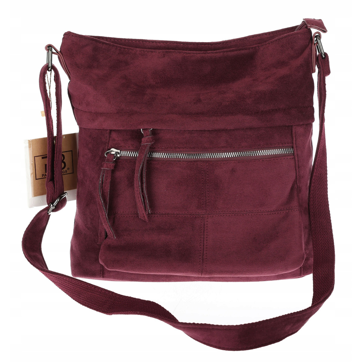 Torebka damska Listonoszka Zamszowa Kieszenie Długi Pasek L1140 Bordowa