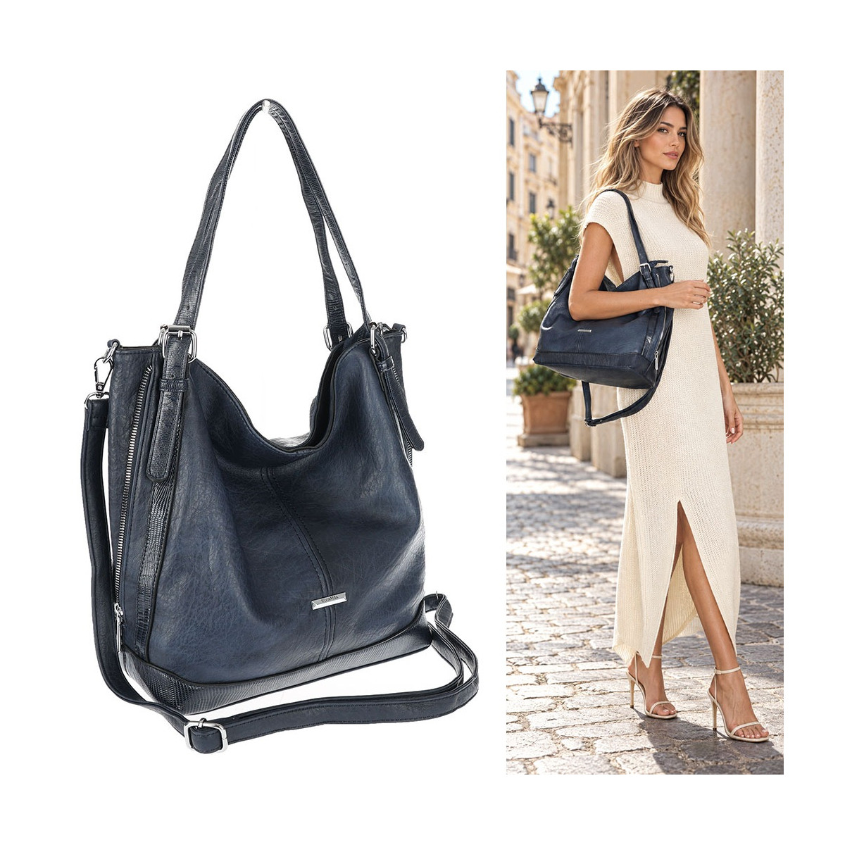 Torebka damska Duża Shopper Worek Pojemna Torba do Pracy SR6120 Granatowa