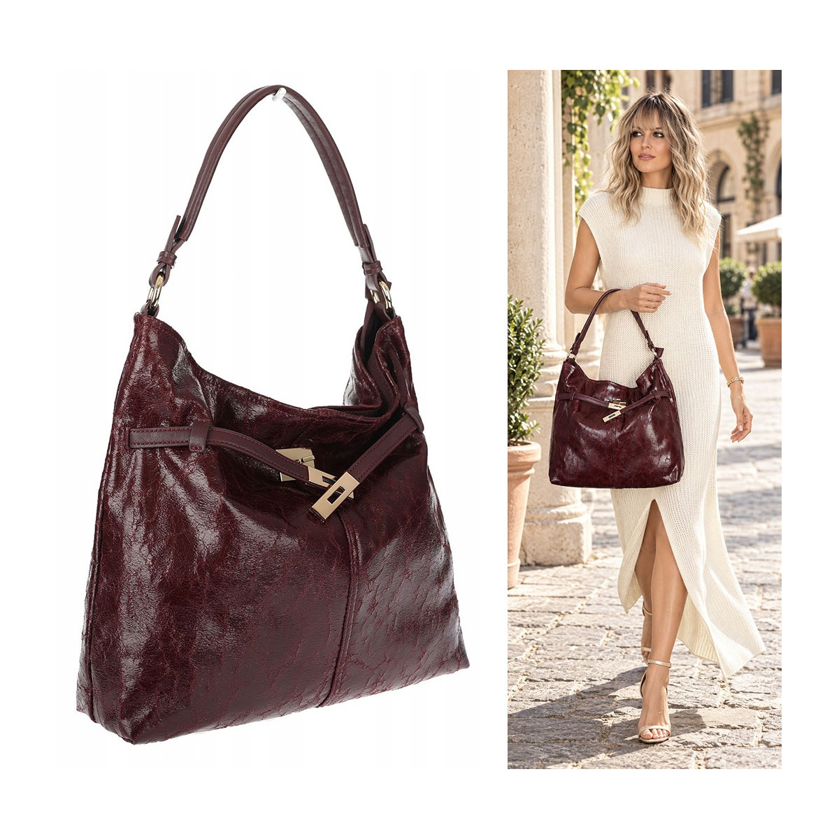 Torebka damska Tommasini Duża Shopper Worek Pojemna do Pracy NO853 Bordowa
