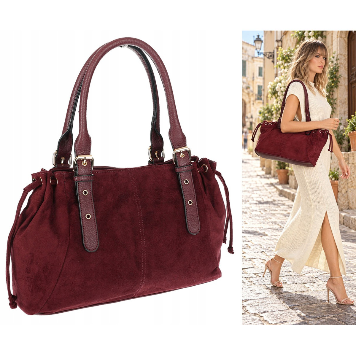 Torebka damska Zamszowa Shopper Kuferek Pojemna Elegancka AM47 Bordowa
