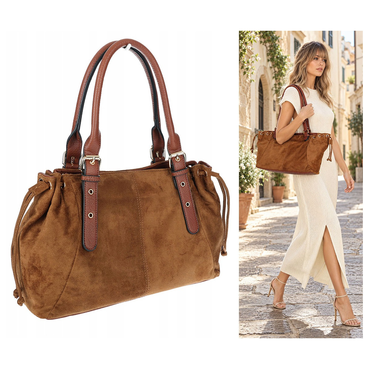 Torebka damska Zamszowa Shopper Kuferek Pojemna Elegancka AM47 Brązowa