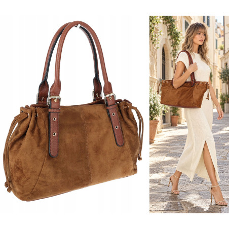 Torebka damska Zamszowa Shopper Kuferek Pojemna Elegancka AM47 Brązowa
