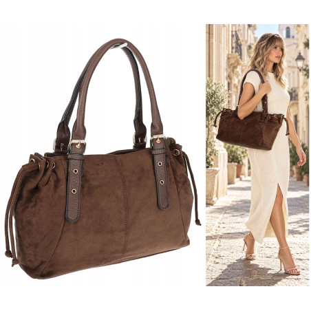 Torebka damska Zamszowa Shopper Kuferek Pojemna Elegancka AM47 Czekoladowa