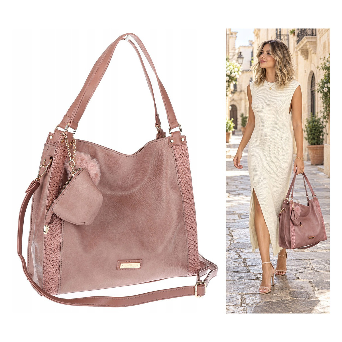 Torebka Damska shopper duża torba na ramię A4 pojemna modna CH625 Różowa