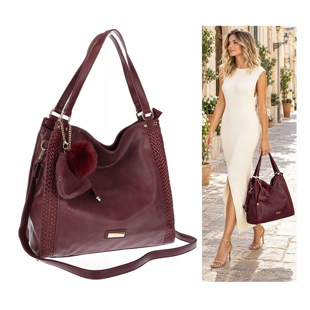 Torebka Damska shopper duża torba na ramię A4 pojemna modna CH625 Bordowa