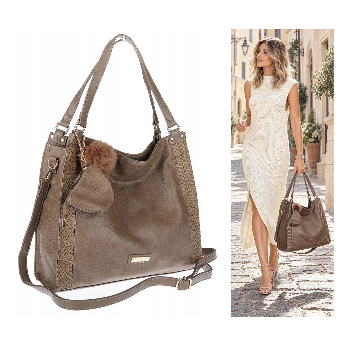 Torebka Damska shopper duża torba na ramię A4 pojemna modna CH625 Beżowa