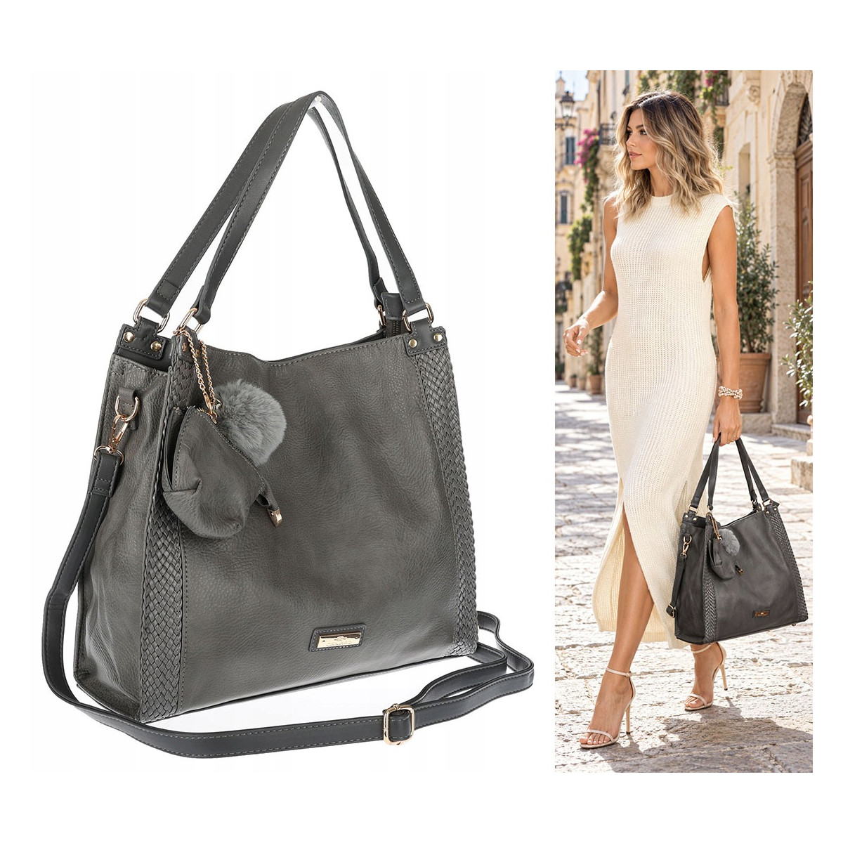 Torebka Damska shopper duża torba na ramię A4 pojemna modna CH625 Szara
