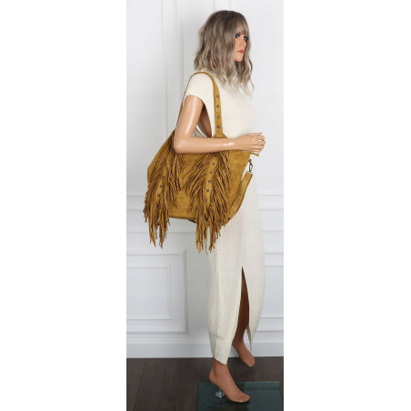 Torebka damska Zamszowa Frędzle Shopper Worek na Ramię L3940 Musztardowa