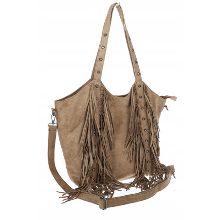 Torebka damska Zamszowa Frędzle Shopper Worek Torba na Ramię L3940 Beżowa