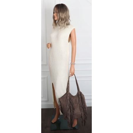 Torebka damska Zamszowa Frędzle Shopper Worek na Ramię L3940 Beżowa mud