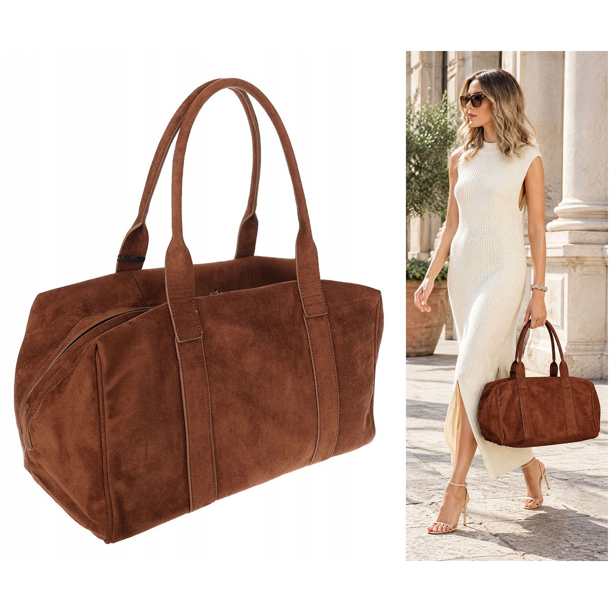 Torebka damska Tommasini zamszowa shopper torba A4 podręczna 3851 Brązowa