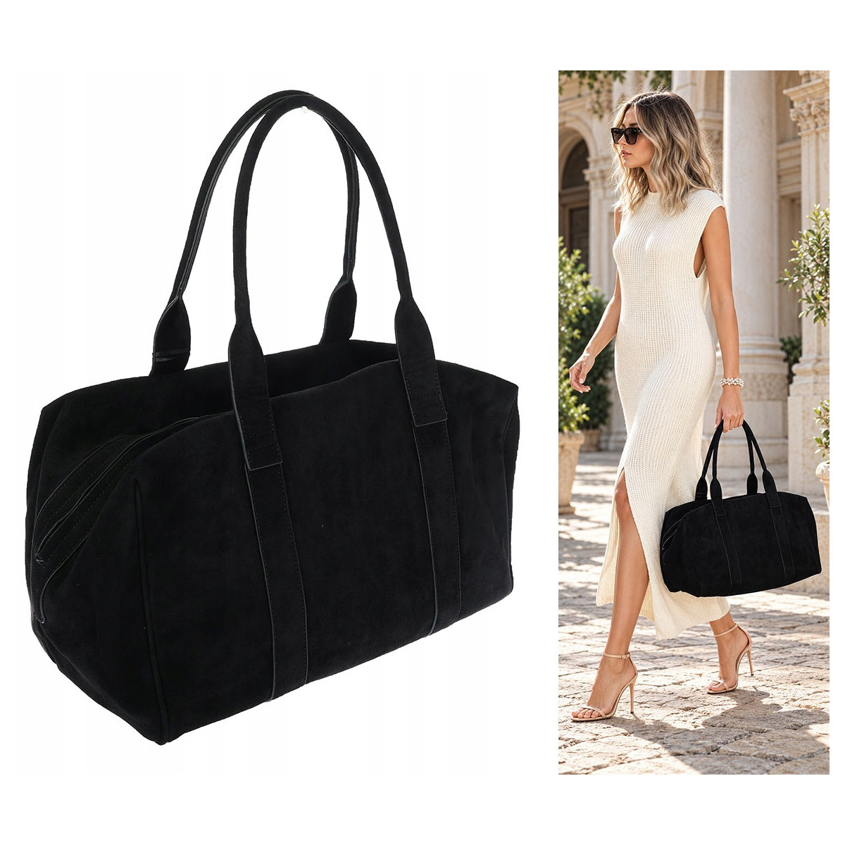 Torebka damska Tommasini zamszowa shopper duża torba podręczna 3851 Czarna